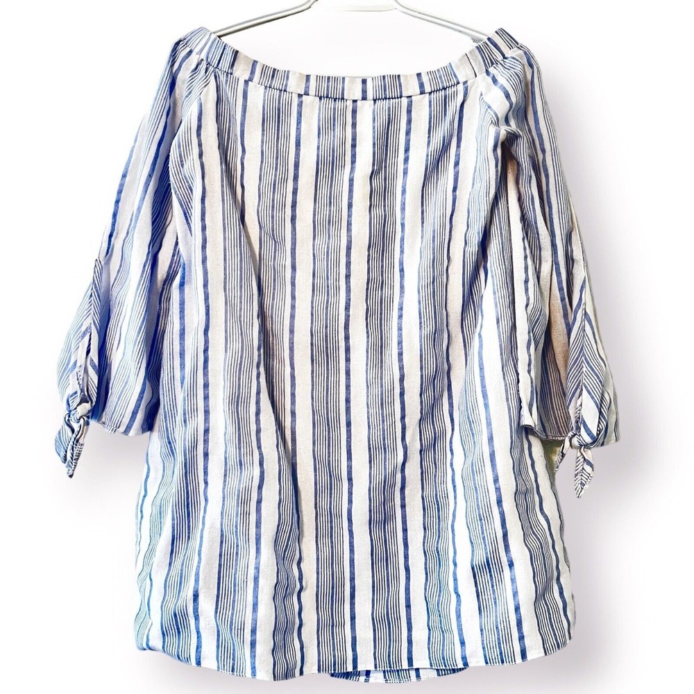Promesa Large 100% Cotton Blue White Stripe Long Sleeve Off Shoulder Lined Top